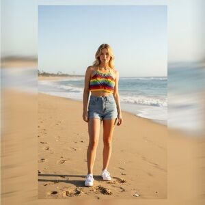 Vera & Lucy Rainbow Crochet Knit Halter Top – Size L
